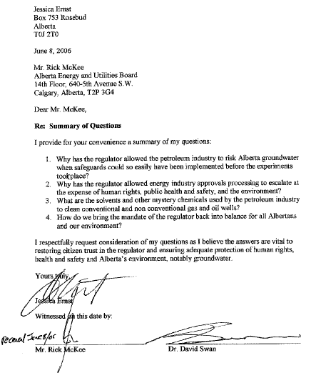 2006 06 08 Ernst Letter to EUB now ERCB Lawyer Rick McKee Requesting Frac Chemicals Injected
