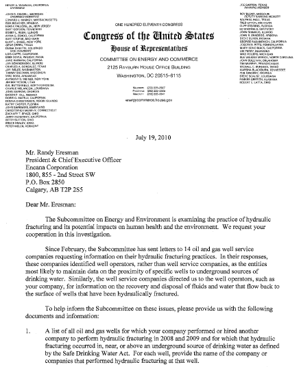US Congress Letter to Encana Investigating Encana's Hydraulic Fracturing Practies and All Allegations of Drinking Water Contamination