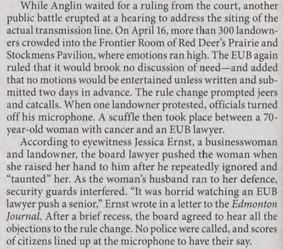 EUB lawyer pushes an Alberta Senior with cancer at EUB then ERCB soon to be AER Hearing in Red Deer Alberta 2007 10 22 Can Bus Mag Nikiforuk EUB Spying