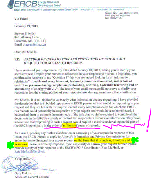 2013 02 13 AER, then ERCB, nasty, threatening, bullying letter from lawyer Gary Perkins to Stewart Shields requesting records on all Alberta frac incidents