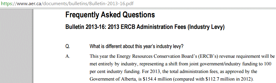 2013 04 30 REDA Question on 154.4 Million dollar AER budget 100 per cent industry funded snap