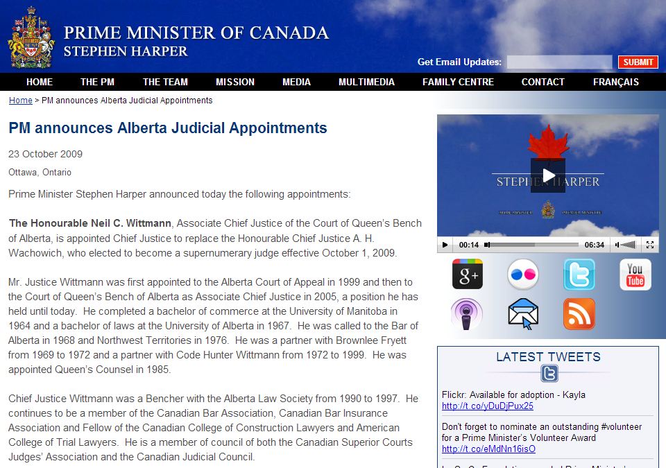 2009 10 23 PM Harper announces Alberta Judicial Appointments