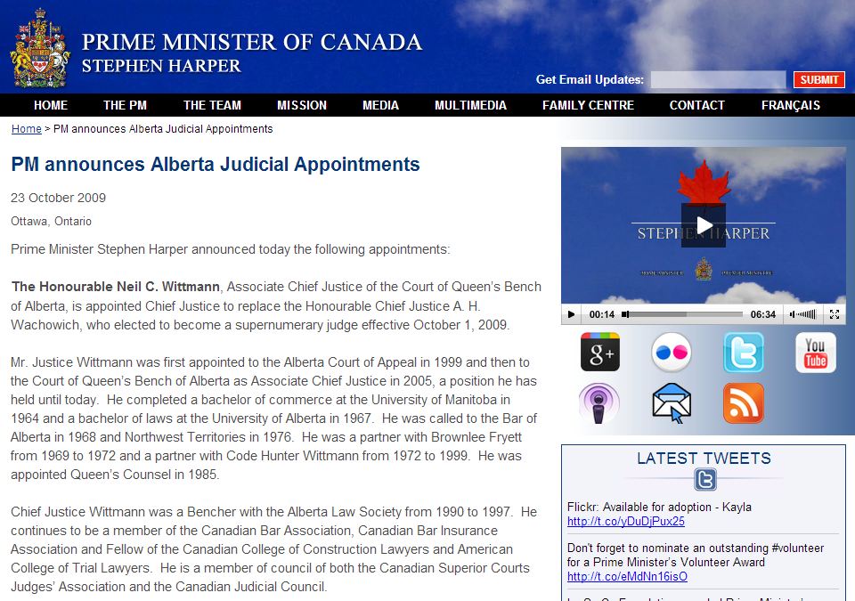 Prime Minister Harper announces the appointment of Neil Wittmann as new