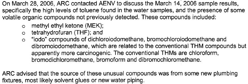 2006 snap from Alberta Environment report on carcinogens and usually high levels of toluene in Rosebud Hamlet drinking water