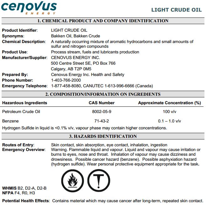 2013 08 14 MSDS Cenovus Bakken Crude w Benzene H2S More flammable than gasoline