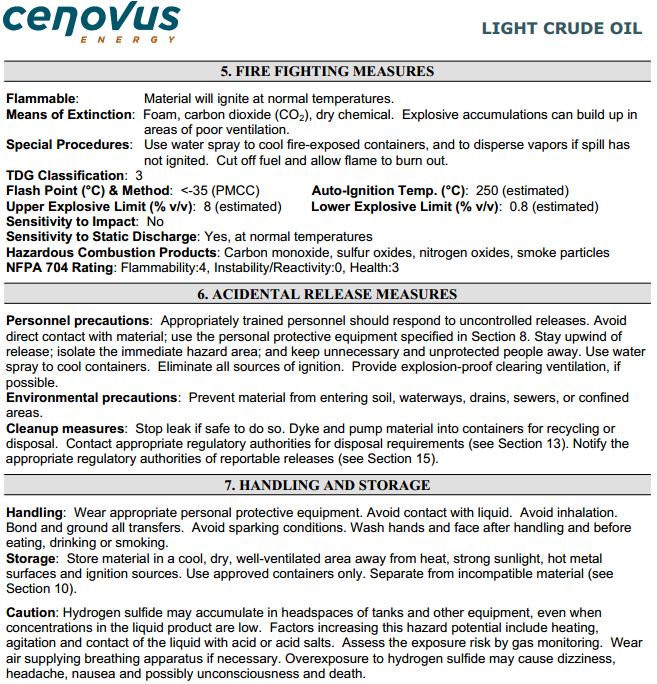 2013 08 14 MSDS Cenovus Bakken Crude w Benzene H2S Will ignite at normal temperatures AVOID INHALATION