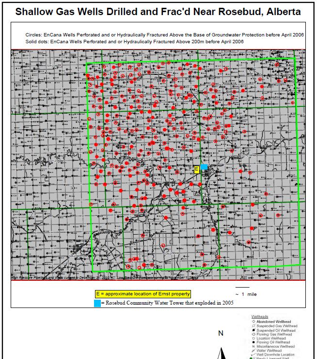 Encana shallow fracing at Rosebud before mandated Baseline Testing April 2006 shows location water tower that exploded in 2005