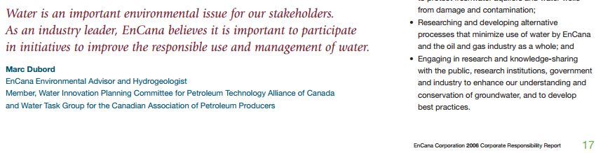 2013 12 23 screen capture encana corporate responsibility report 2006 marc dubord hydrogeologist quote