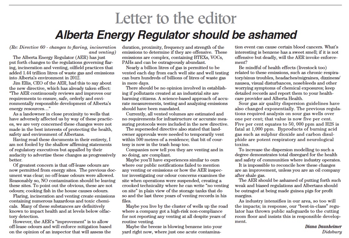 2014 06 24 Diana Daunheimer Deregulation venting flaring AER Directive 60 Mountain View Gazette