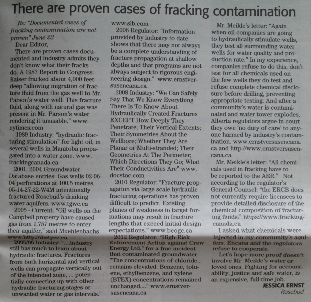 2014 07 14 ThereAreProvenCasesOfFracContamination by Jessica Ernst published in Rocky View Weekly
