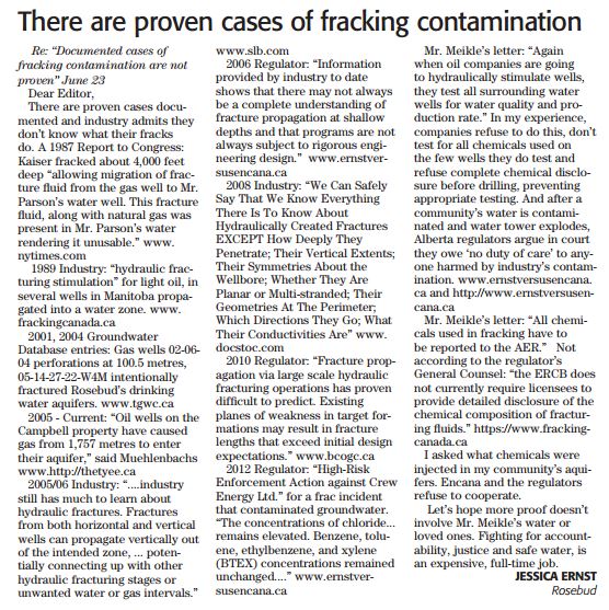 2014 07 15 Letter to Rocky View Weekly Editor by Jessica Ernst There are proven cases of fracing contamination