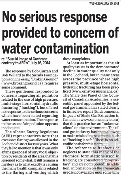 2014 07 30 Nielle Hawkwood No serious response by AER to fracing contaminating groundwater concerns