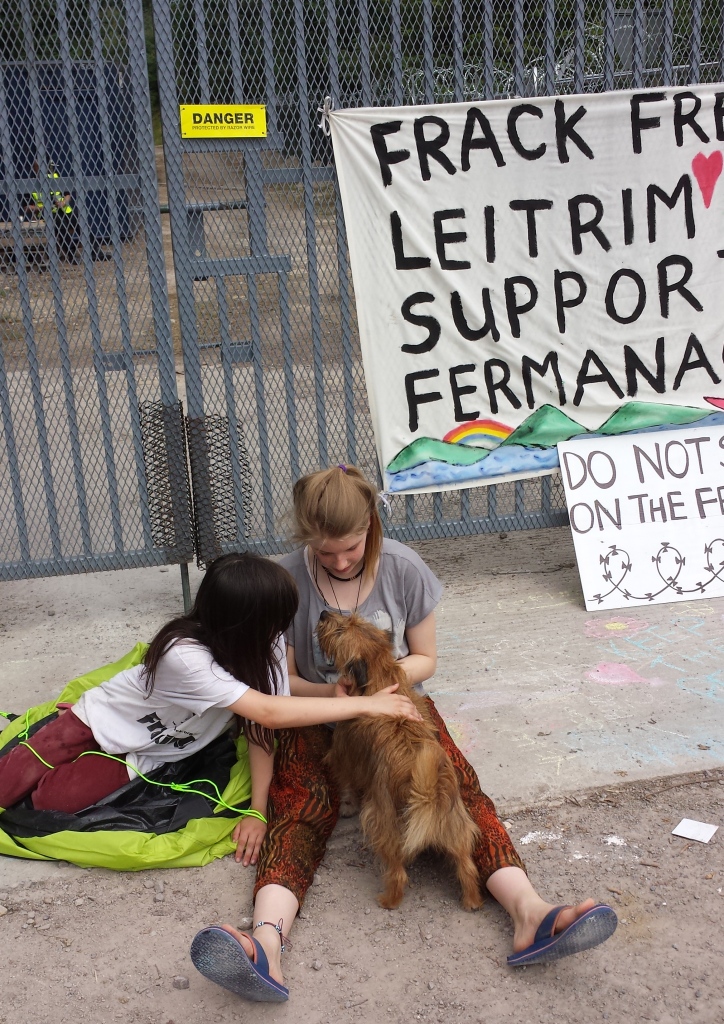 2014 07 Irish Protector Camp at Tamboran's Test Drill at Belcoo, Fermanagh, Northern Ireland Jemima and Elli and dog 2