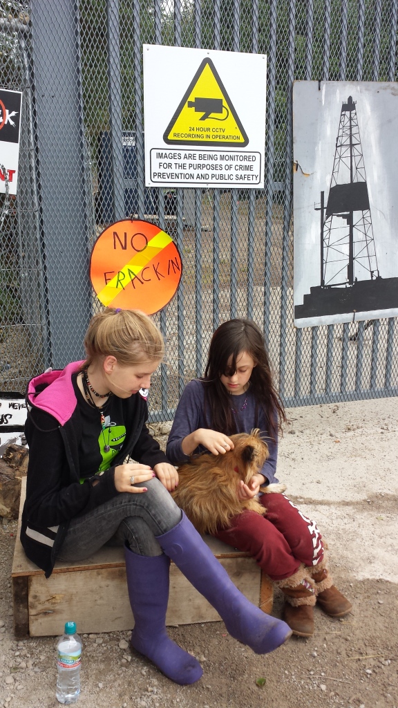 2014 07 Irish Protector Camp at Tamboran's Test Drill at Belcoo, Fermanagh, Northern Ireland Jemima and Elli and dog