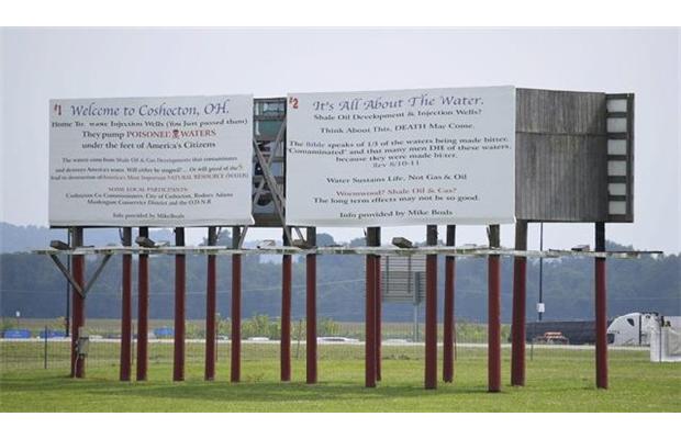 2014 08 21 Billboard opposing frac waste injection wells in Ohio w biblical reference get legal threat