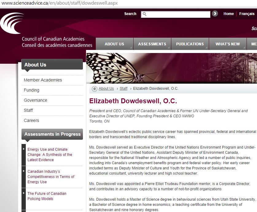 2014 10 01 snap accessed on CCA website, Elizabeth Dowdeswell, President and CEO