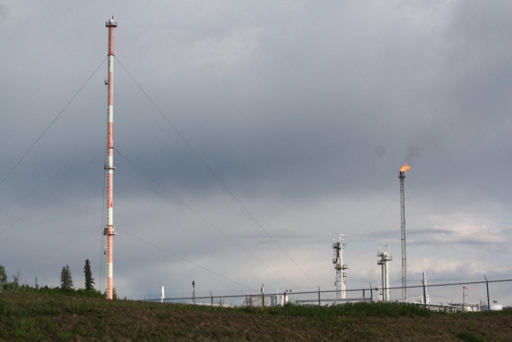 2014 Bonavista South Rosevear Gas Plant, closer up, emissions stacks w black smoke, 16-11-54-15 W5M, near Edson, Alberta, 'poisonous gas'