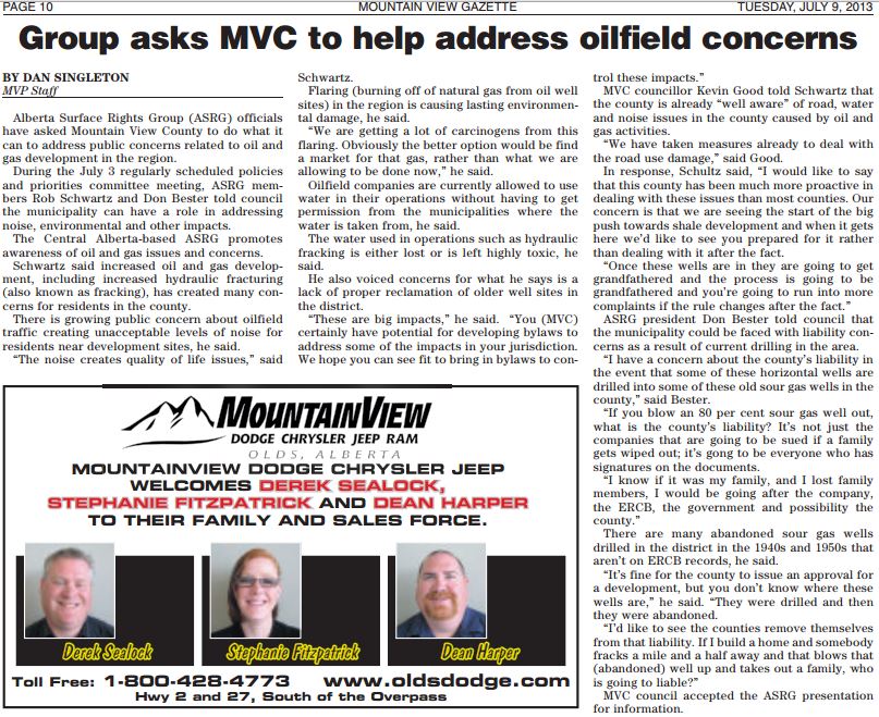 2013 07 09 Alberta Surface Rights Group asks Mountain View County to help address frac concerns