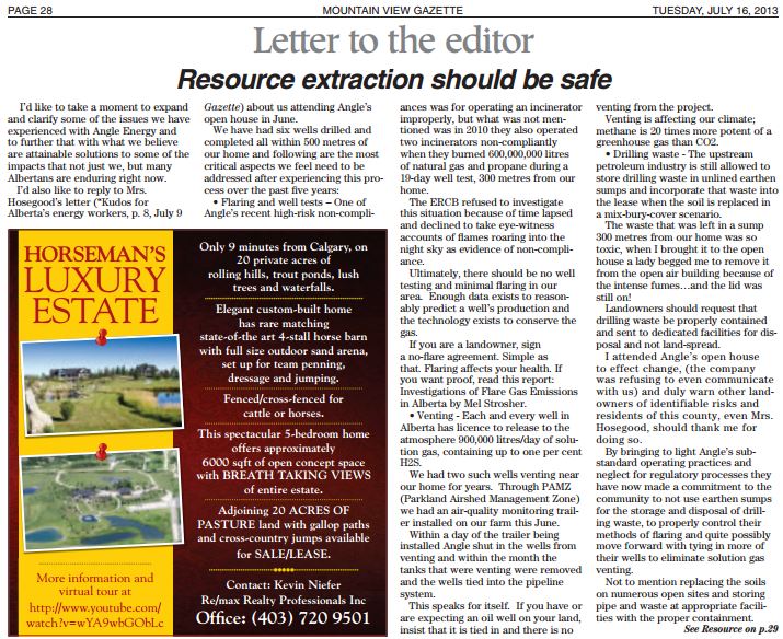 2013 07 16 Resource extraction should be safe Letter by Diana Daunheimer