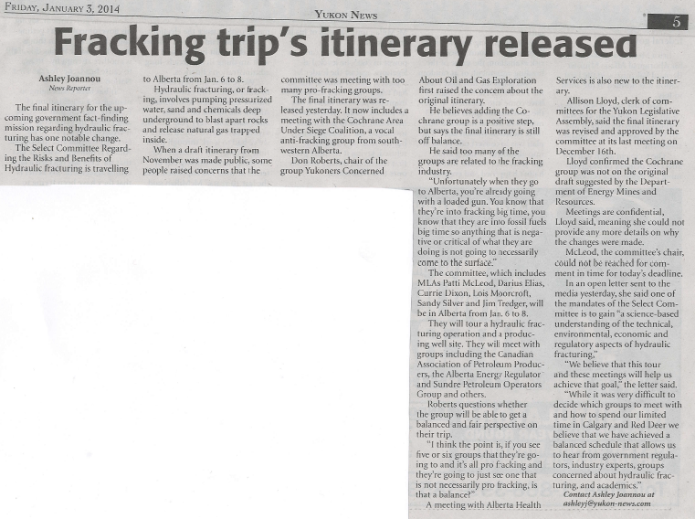 2014 01 03 Fracking trip's itinerary released Yukon News