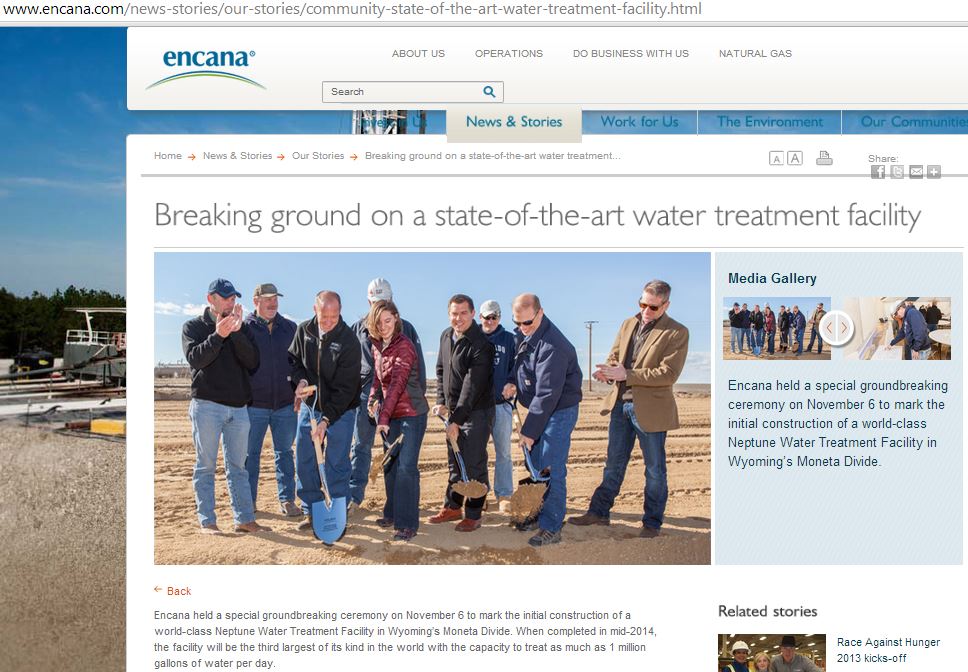 2014 01 25 Screen Snap Encana website Nov 6 2013 Breaking ground on a state-of-the-art water treatment facility in Wyomings Moneta Divide