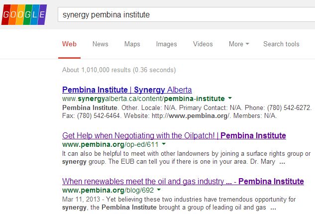 2014 02 07 screen grab of google search synergy pembina institute