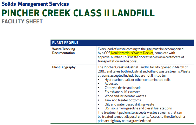 2014 02 25 screen grab pincher creek class II landfill does not accept hazardous waste w hilite