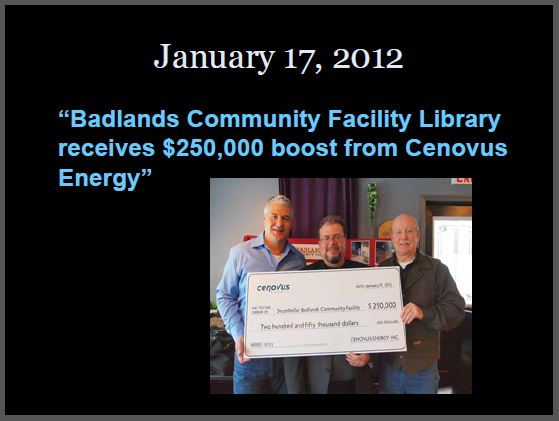 2012 01 17 Cenovus, previously Encana, donates 250,000 to drumheller library