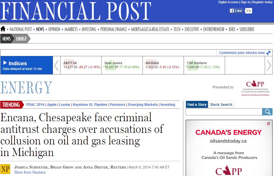 2014 03 06 Encana Chesapeake face criminal antitrust charges collusion on oil gas leasing in Michigan headline snap