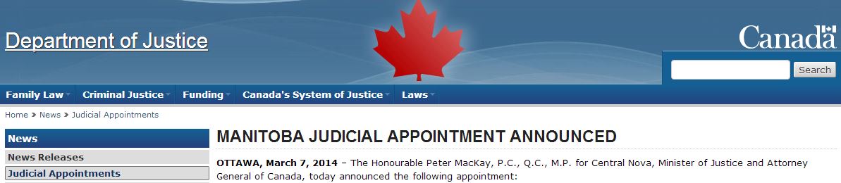 2014 03 07 Vic Toews appointed Manitoba Court of Queen's Bench