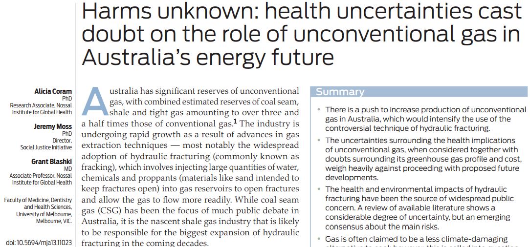 2014 03 Harms Unknown Health uncertainties case dout on rolel of unconventional gas in Australia's energy future snap