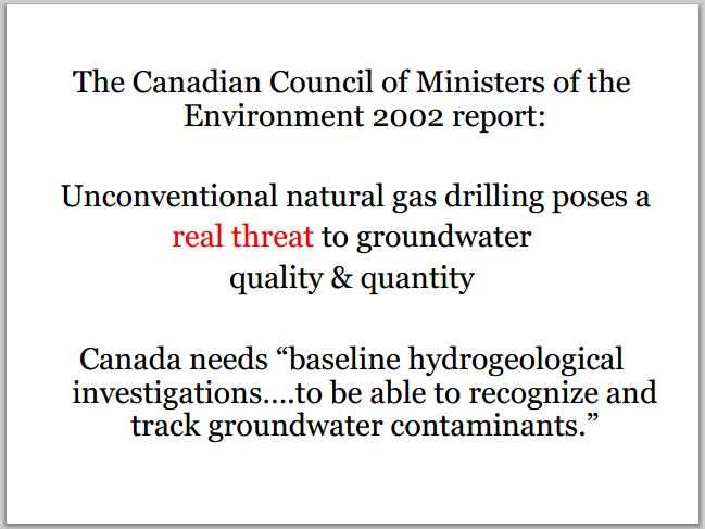 2002 Canadian Council of Ministers of the Environment need baseline hydrogeological investigations to track contaminants