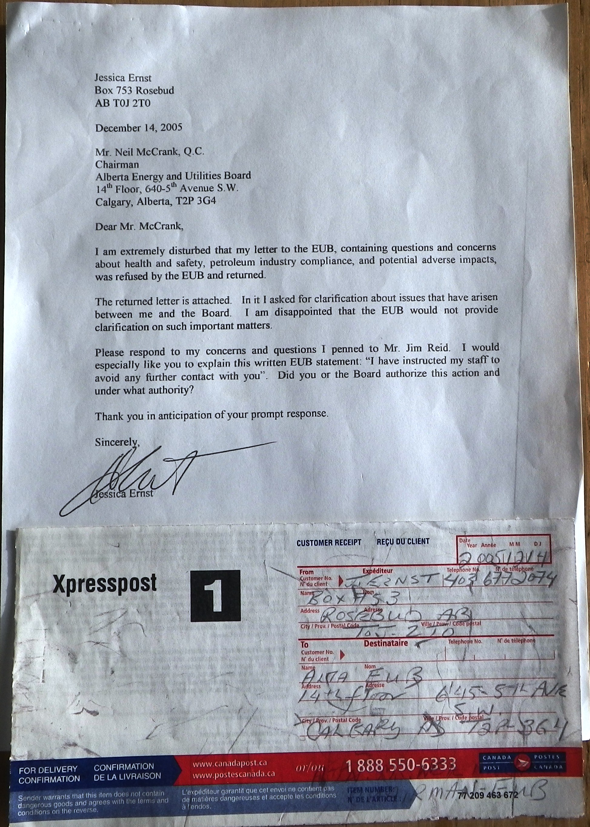 2005 12 14 Ernst letter to McCrank Alberta energy regulator refusing mail from harmed citizens