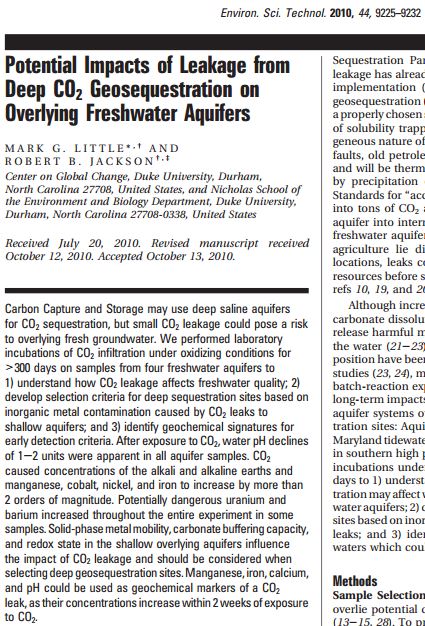 2010 07 20 Little M G and R B Jackson Potenital Impacts of Leakage from Deep CO2 Geosequestration on Overlying Freshwater Aquifers