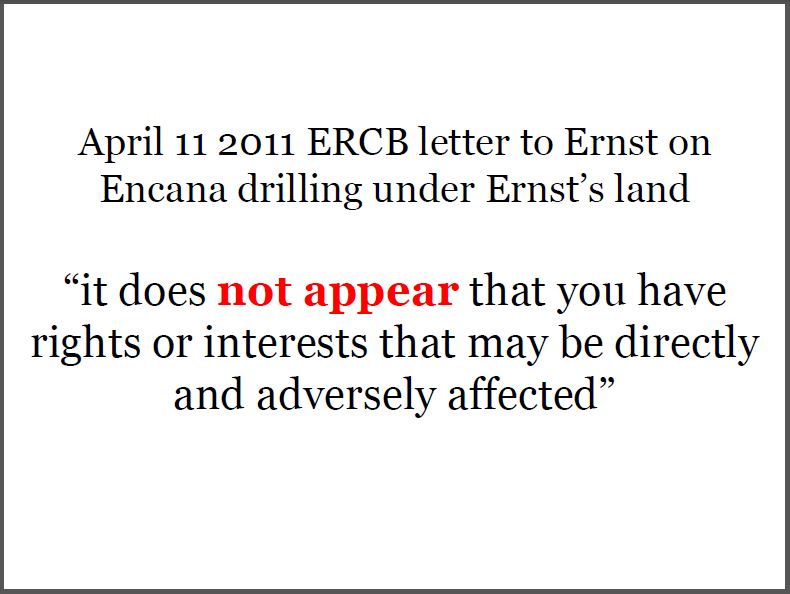 2011 04 11 ERCB Laurie Wilson-Temple ERCB Manager Applications letter to Ernst, no standing not even regarding her own property or water well