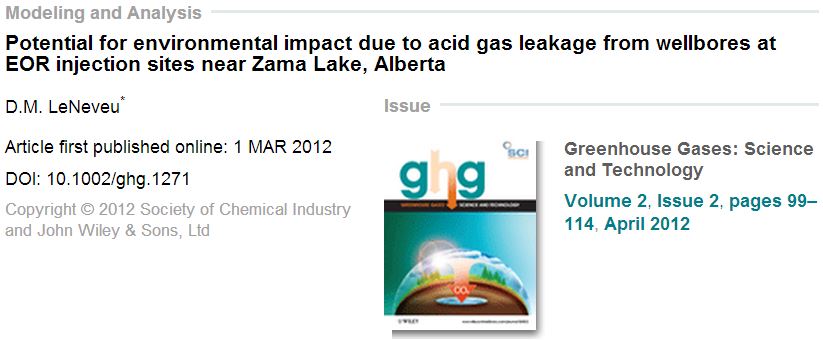 2012 04 D M LeNeveu Potential for environmental impact due to acid gas leakage from wellbores at EOR injection sites near Zama Lake, Alberta