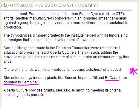 2014 03 25 Snap Sunnews article reporting Encana donated to Pembina