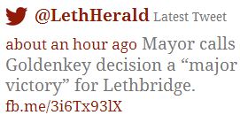 2014 05 01 Major Victory says Mayor of Lethbridge tweet