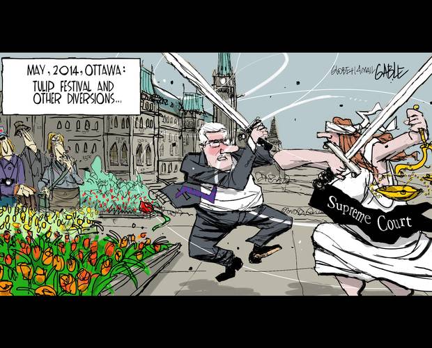 2014 05 Globe and Mail Gable Cartoon Harper fights the Supreme Court of Canada