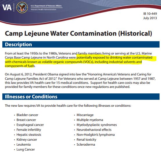 2013 07 Camp Lejeune Water Contamination from VOCs, including industrial solvents and components of fuels w hilite