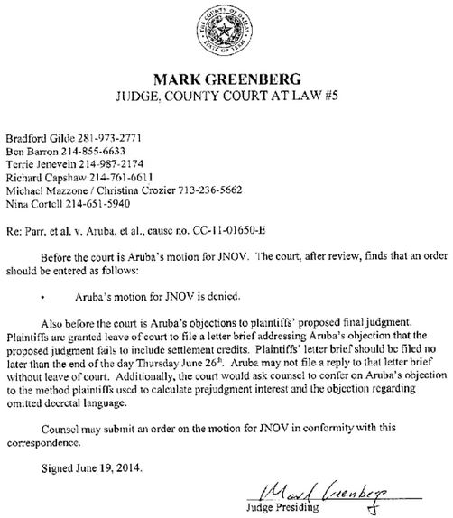 2014 06 19 Judge Mark Greenberg upholds jury 2.9 million verdict on the Parr case