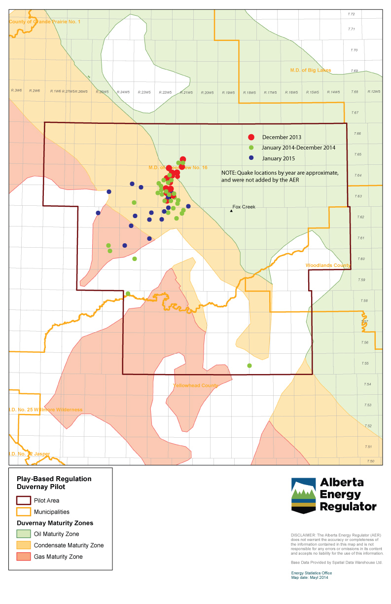 2015 01 29 AER Map Fox Creek blanket approval play with quakes plotted by CATalyzethis.ca