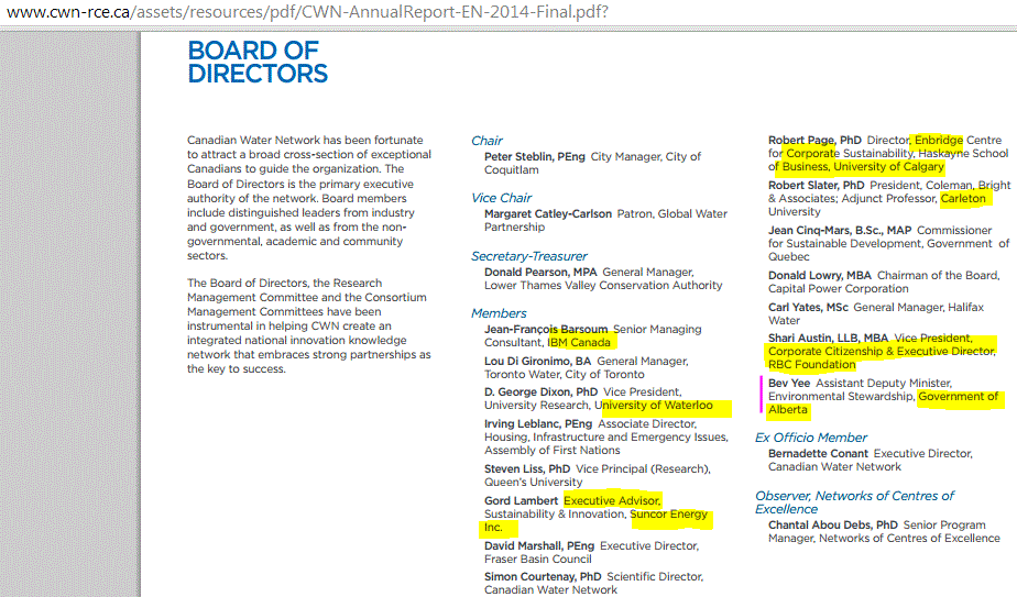 2015 02 11 snap Canada water synergy group annual report 2014 board of directors, includes alberta govt bev yee, other notable corporate synergizers