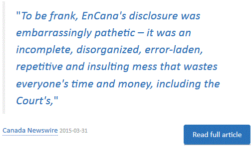 2015 03 31 Quote from Klippensteins Press Release on Encana's dreadfully deficient Disclosure records