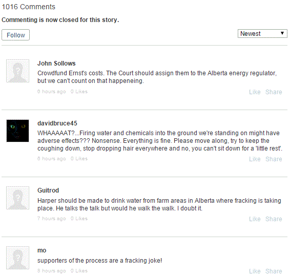 2015 04 07 Fracking criticism spreads even in texas alberta, 1016 comments, most Ernst has seen on a frac article