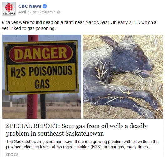 2015 04 22 CBC News fb snap Oil Gas industry's Sour gas from oil wells in SE Saskatchewan a deadly problem