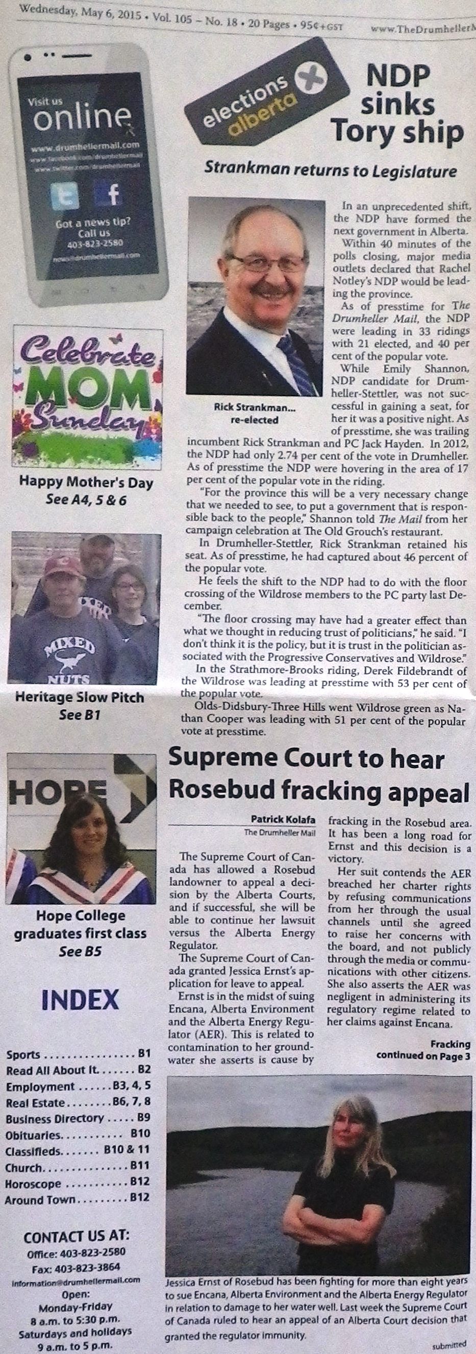2015 05 06 Drumheller Mail Front Page, Supreme Court to hear Rosebud Fracking appeal