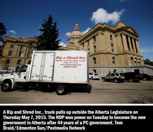 2015 05 07 Edmonton Sun Rip and Shred truck photo outside Alberta legislature after huge PC loss to Notley's NDP May 5