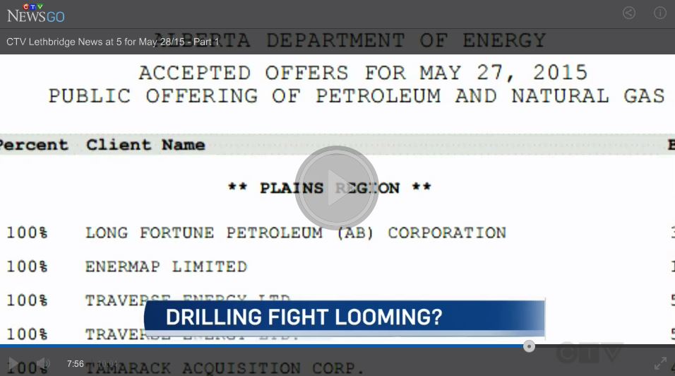 2015 05 27 snap from CTV news clip, Long Fortune Petroleum 1,500 ha lease near Lethbridge