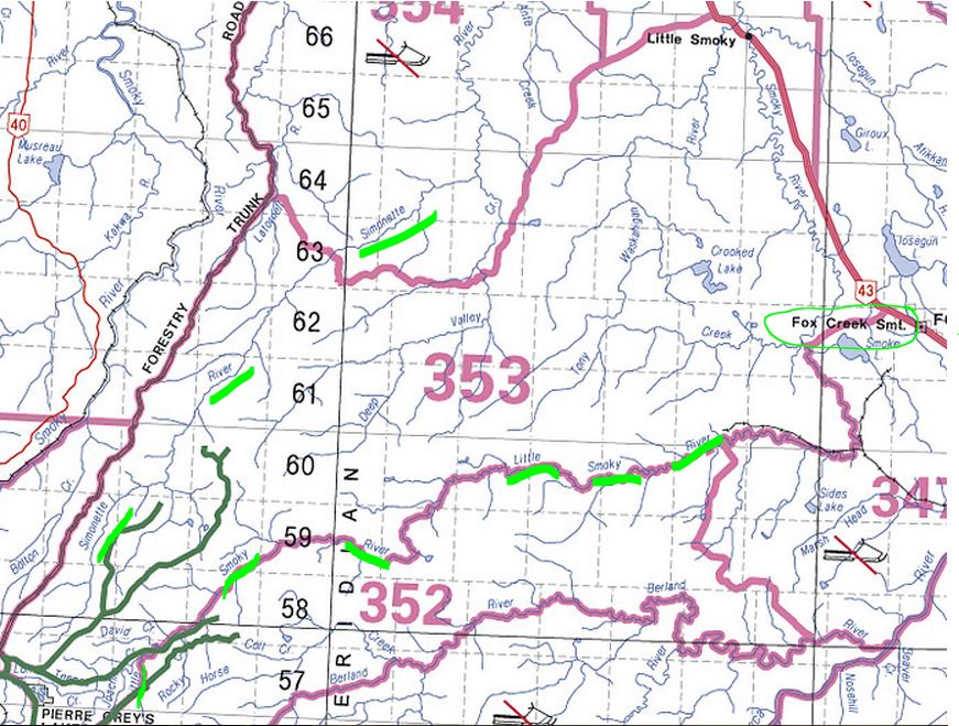 2015 07 19 map Fox Creek area rivers, including Simonette and Little Smoky under Alta govt low flow advisories